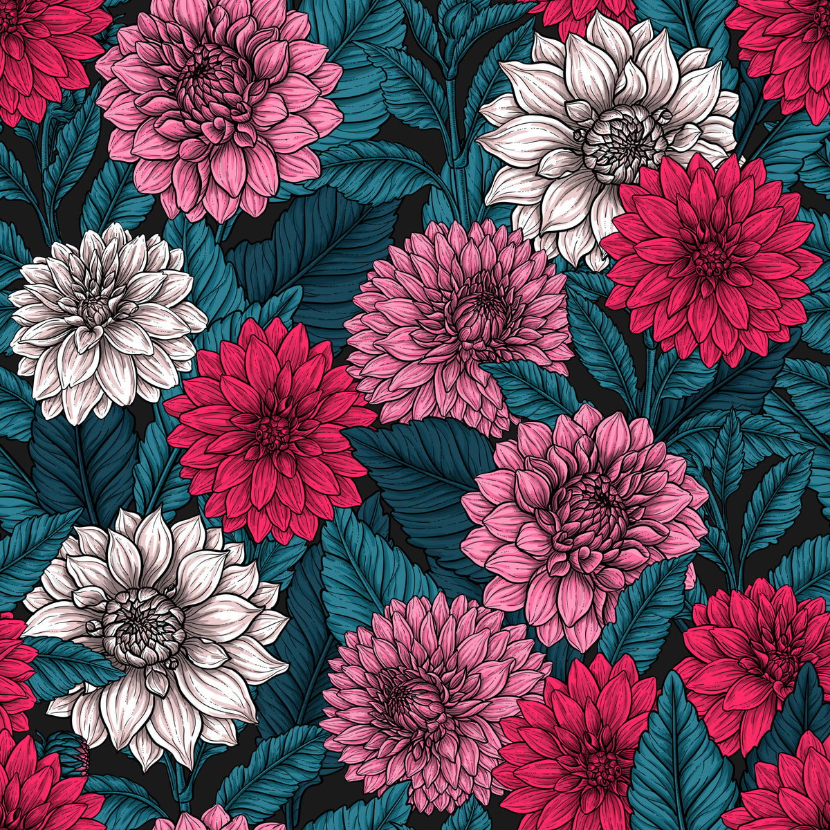 Dahlia garden/pink/red and white flowers/blue leaves Wallpaper⁠