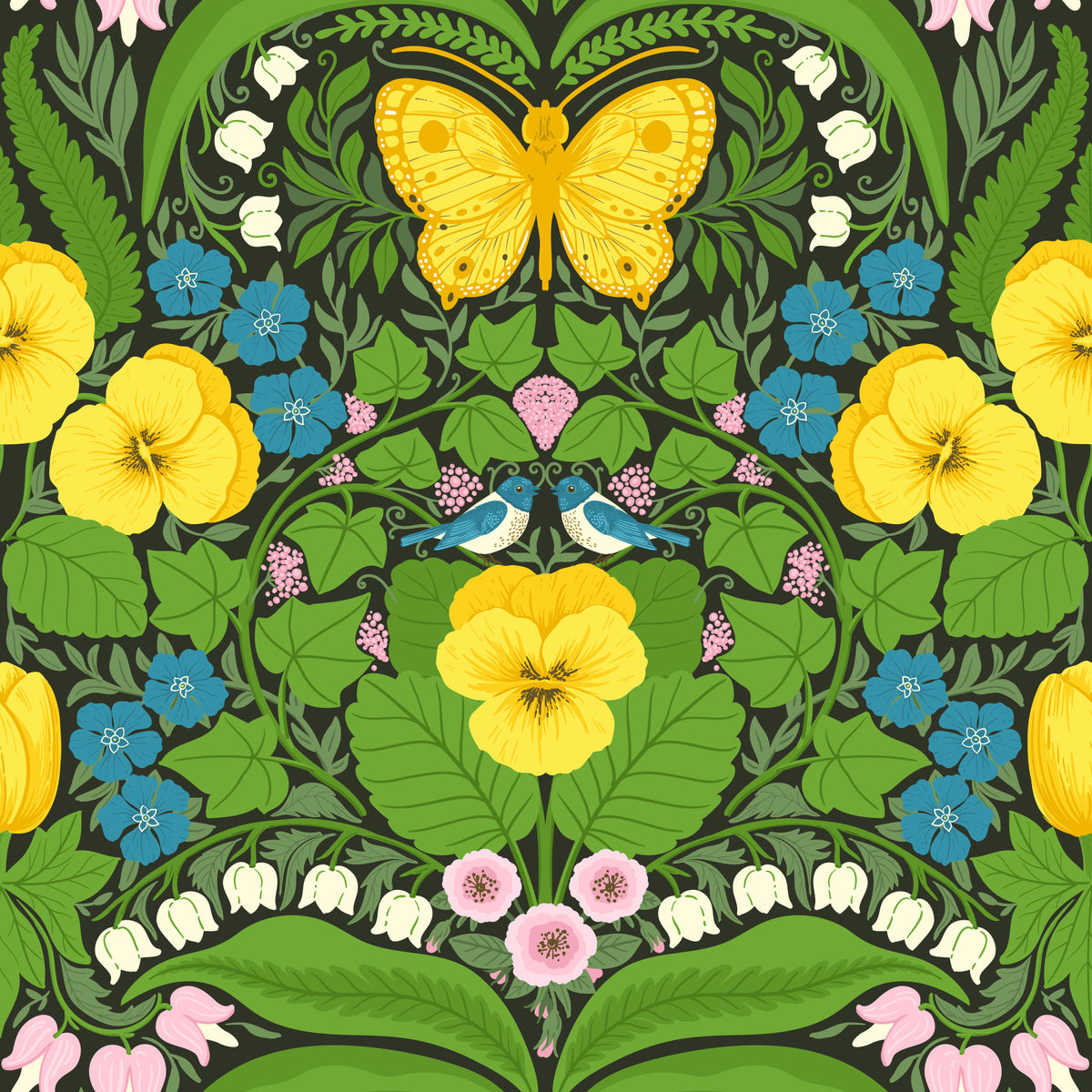 Dollhouse garden, Yellow pansies, birds and butterflies Wallpaper⁠ in your room — zoomed