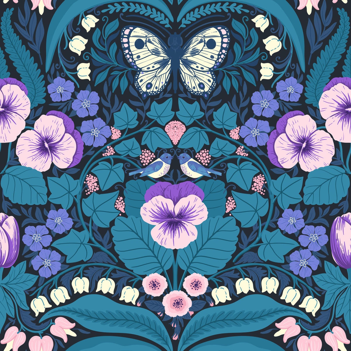 Dollhouse garden, pansies, birds and butterflies Wallpaper⁠