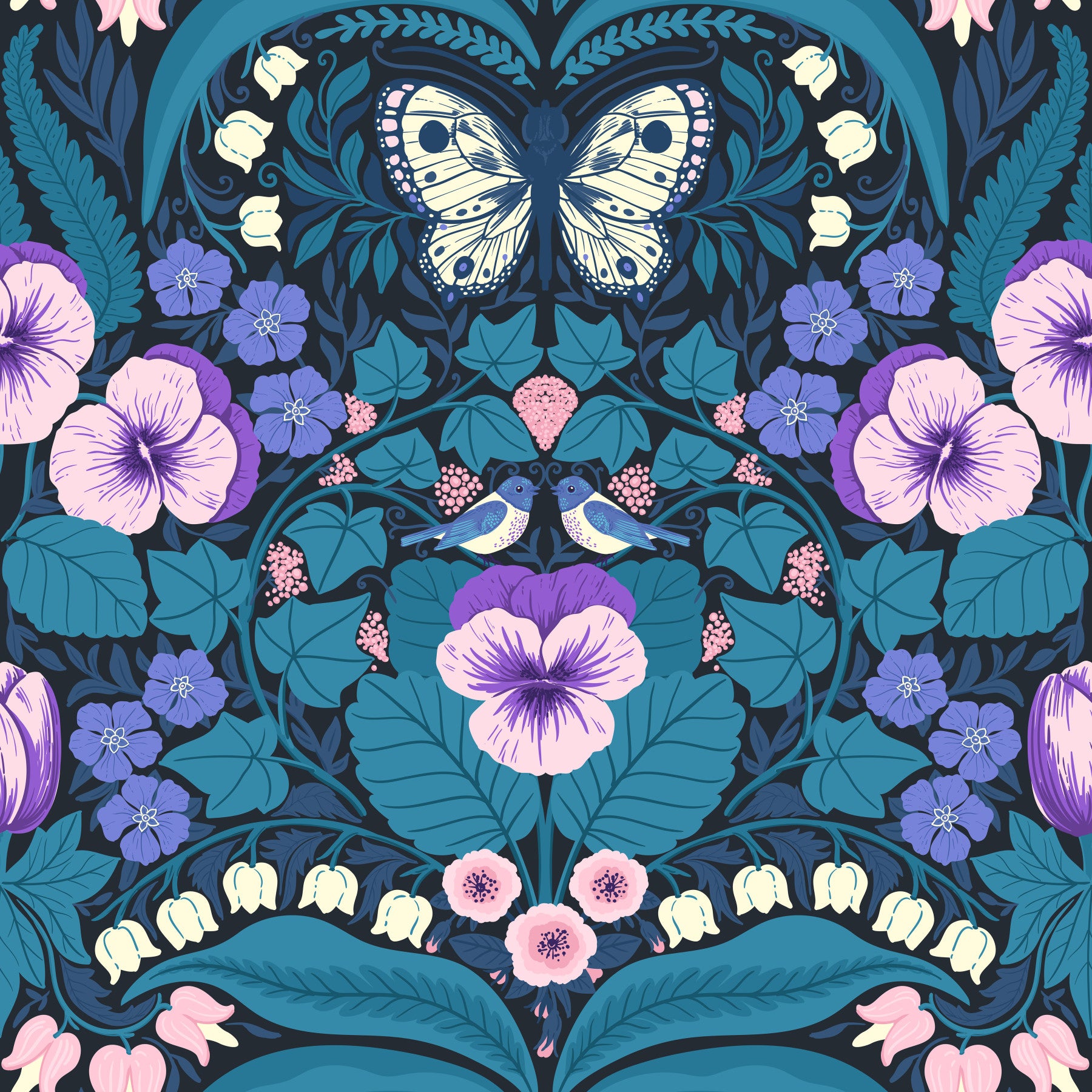 Dollhouse garden, pansies, birds and butterflies Wallpaper⁠