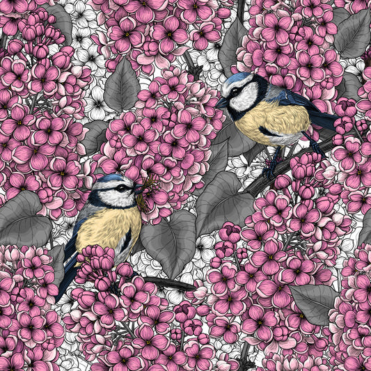 Birds in pink lilac garden  Wallpaper⁠