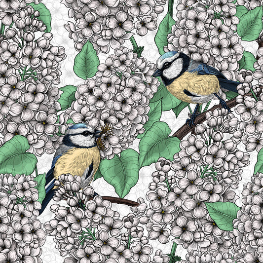 Birds in the lilac tree, white and green Wallpaper⁠