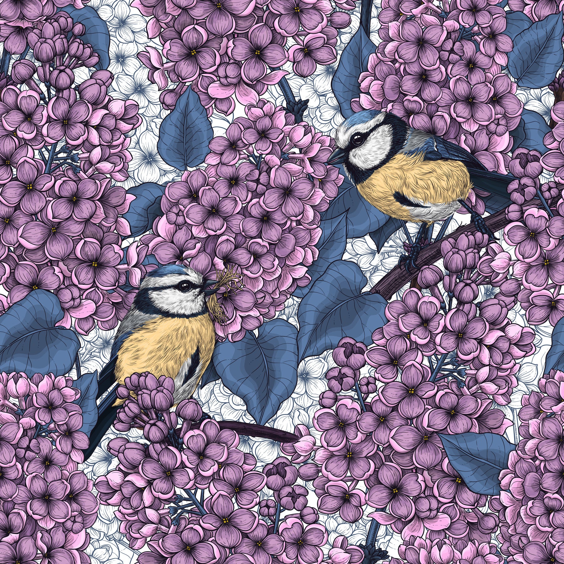 Birds in violet lilac garden  Wallpaper⁠