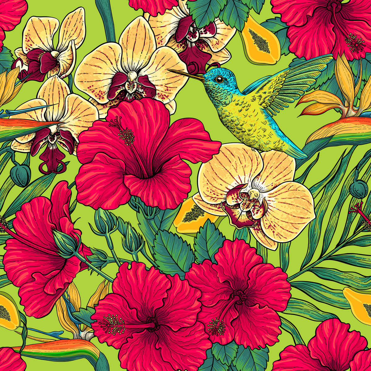 Tropical Florals and Hummingbird - Summer Botanical Garden Wallpaper⁠ in your room — zoomed