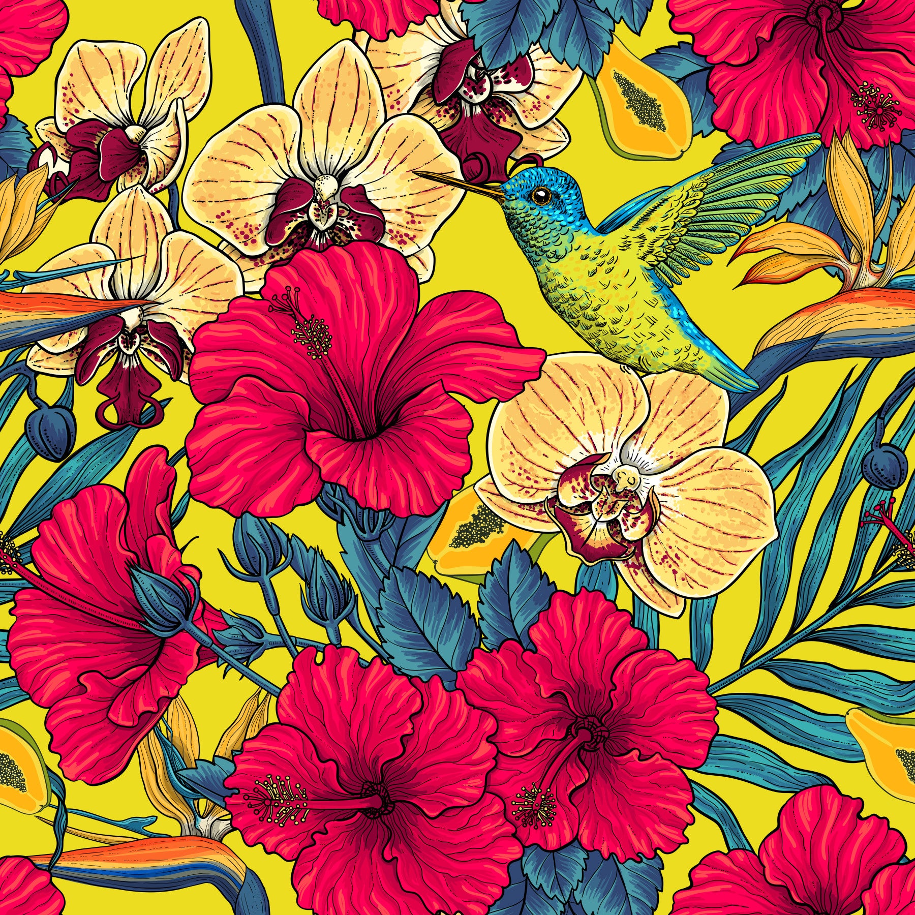 Tropical Florals and Hummingbird - Summer Botanical Garden 2 Wallpaper⁠
