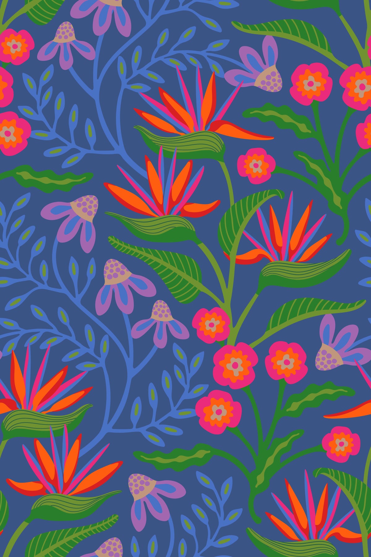 Tropical Tangle Floral Bird of Paradise Fuchsia Pink Blue Wallpaper⁠