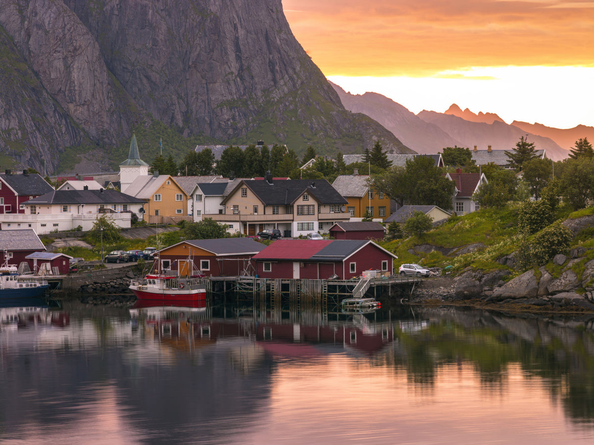 Lofoten Village Sunset & Fjord Wall Mural in your room — zoomed