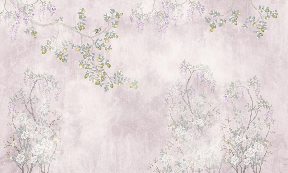 Wisteria & Lemon Blossom Serenity Pink Wall Mural in your room — zoomed