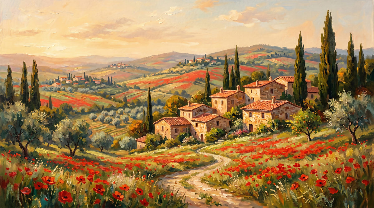 Tuscan Poppy Fields Panorama Wall Mural