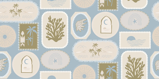 Soft Blue Coastal Frame Wallpaper Boho Tropical Wallpaper⁠