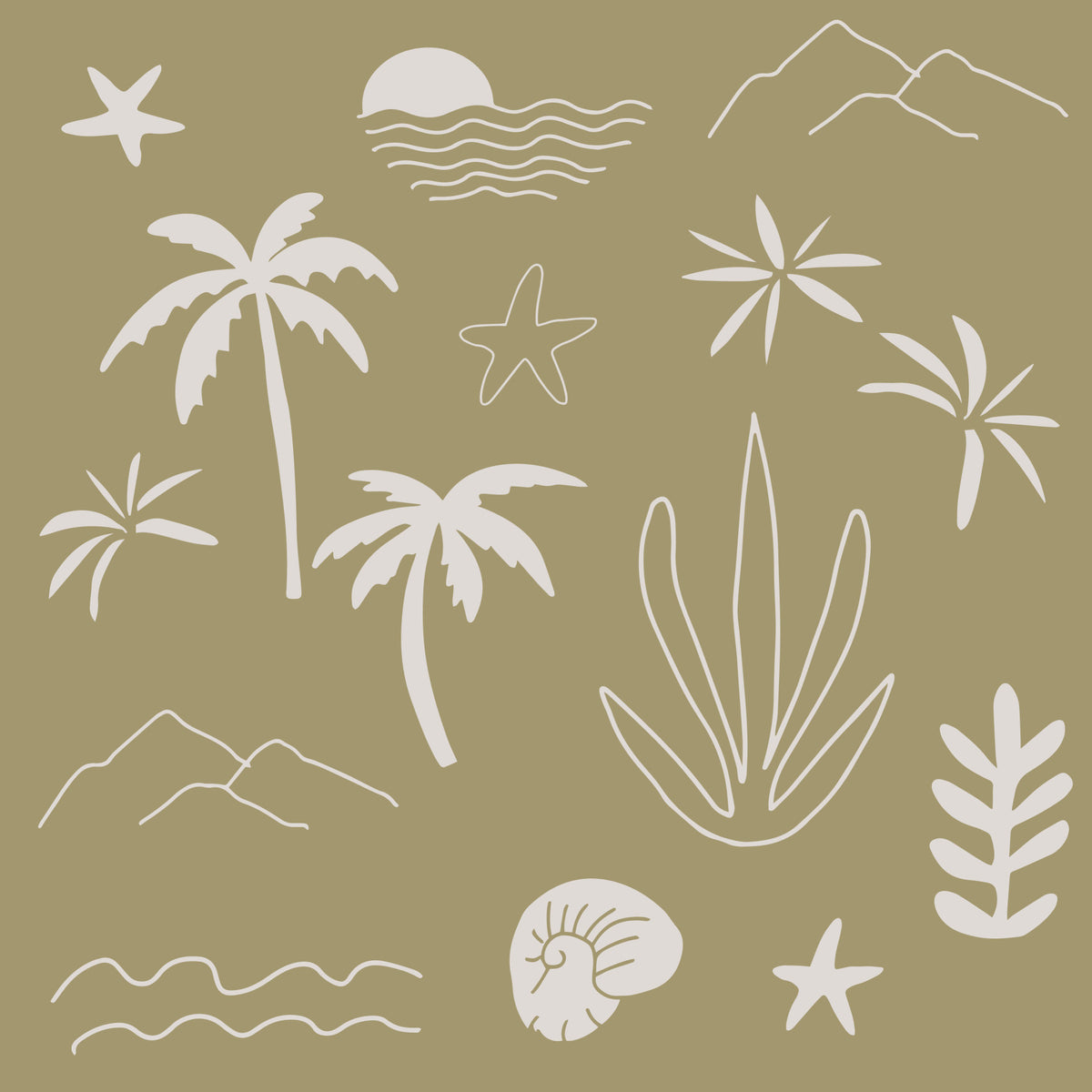 Olive Green Tropical Icon Wallpaper Boho Coastal Wallpaper⁠