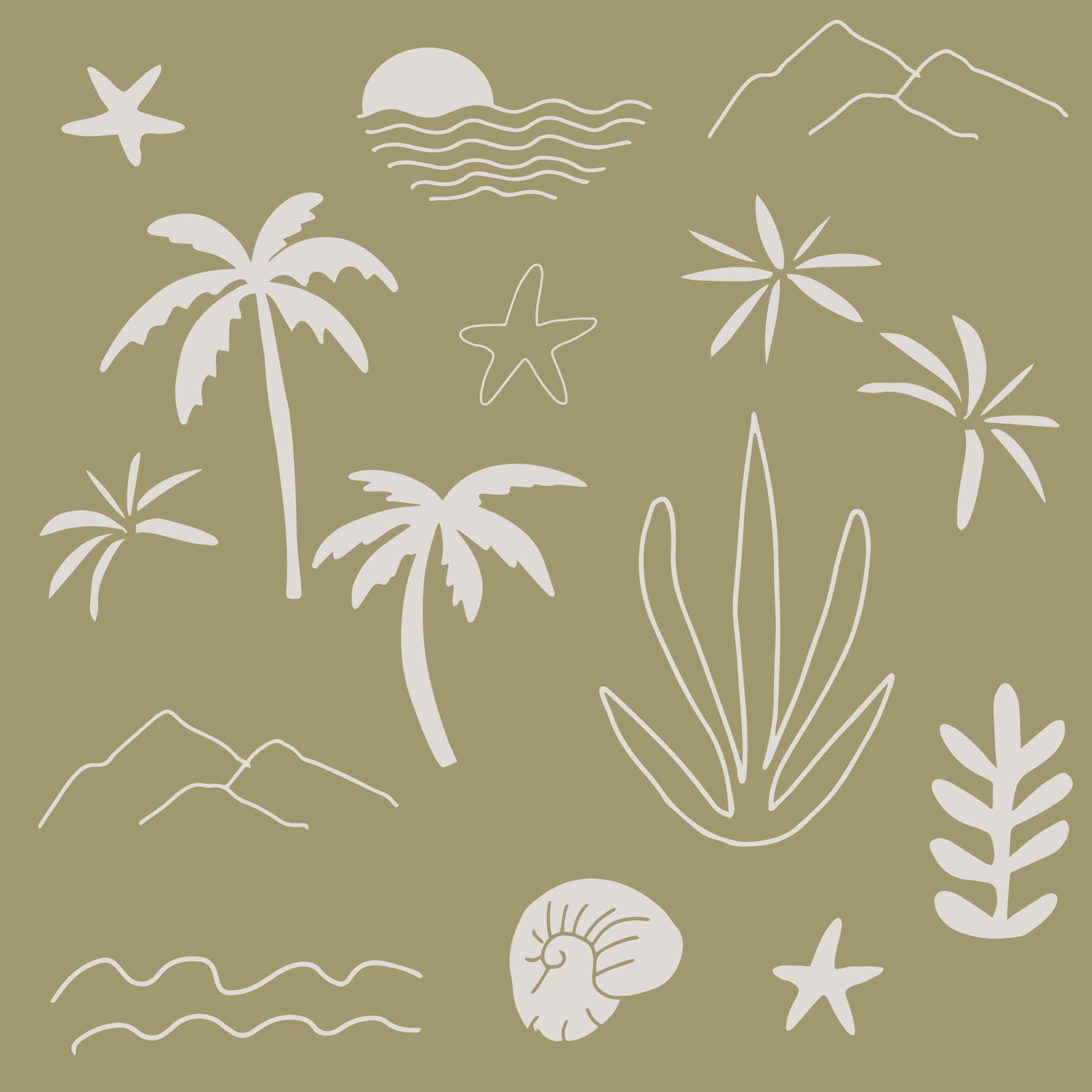 Olive Green Tropical Icon Wallpaper Boho Coastal Wallpaper⁠