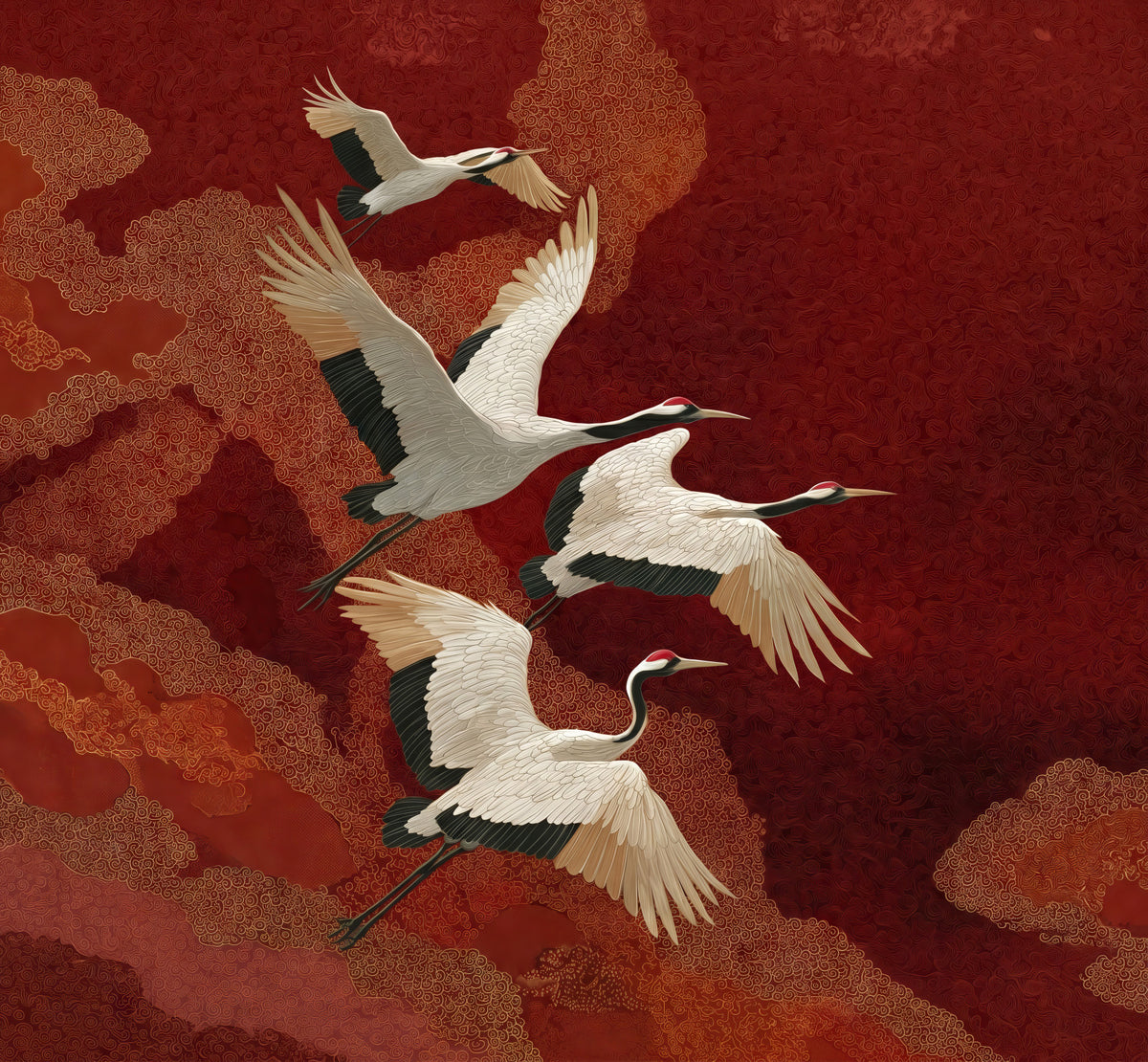 Crimson Sky Crane Dance Wall Mural