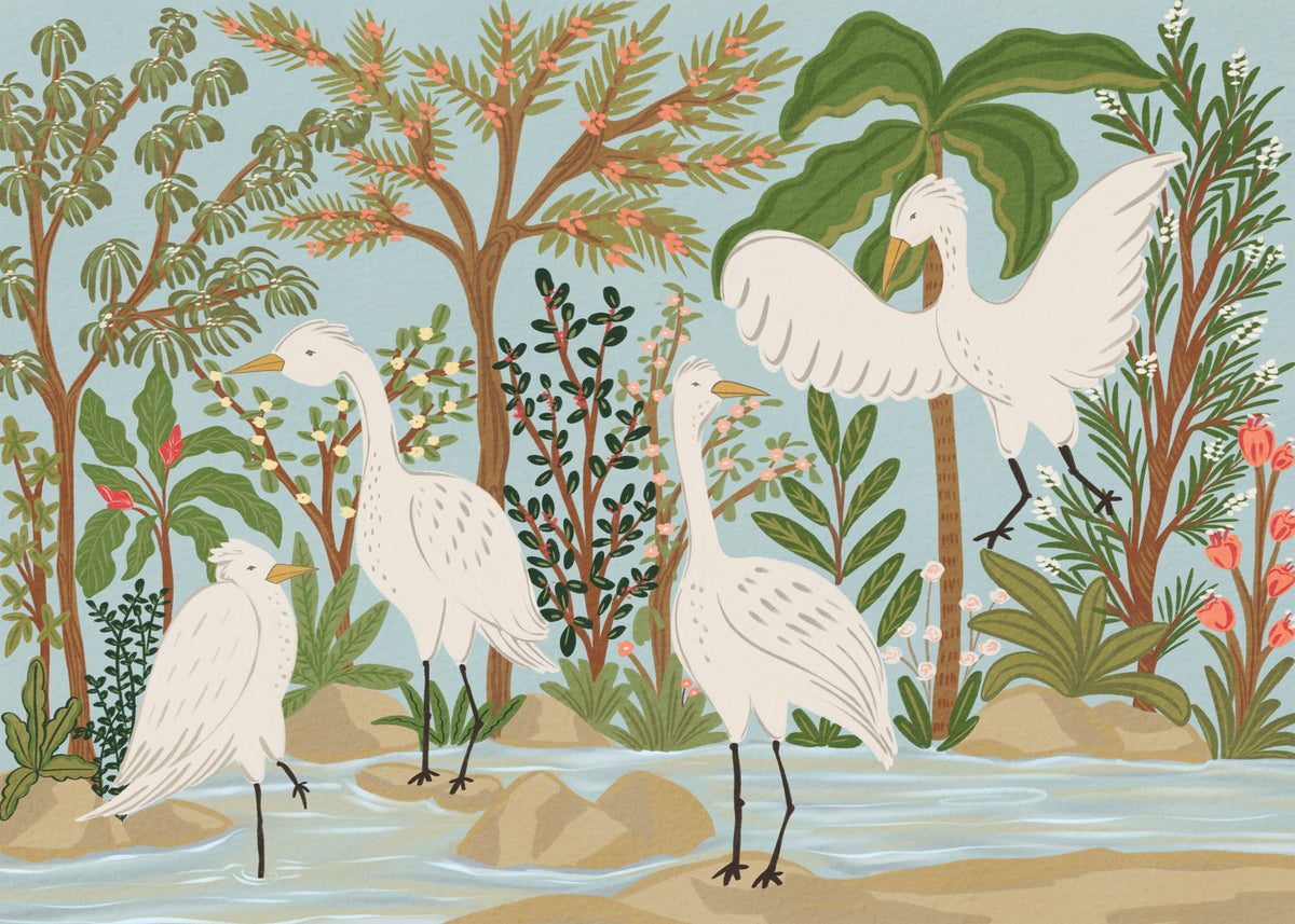 River Egrets: Serene Jungle Dance Wall Mural