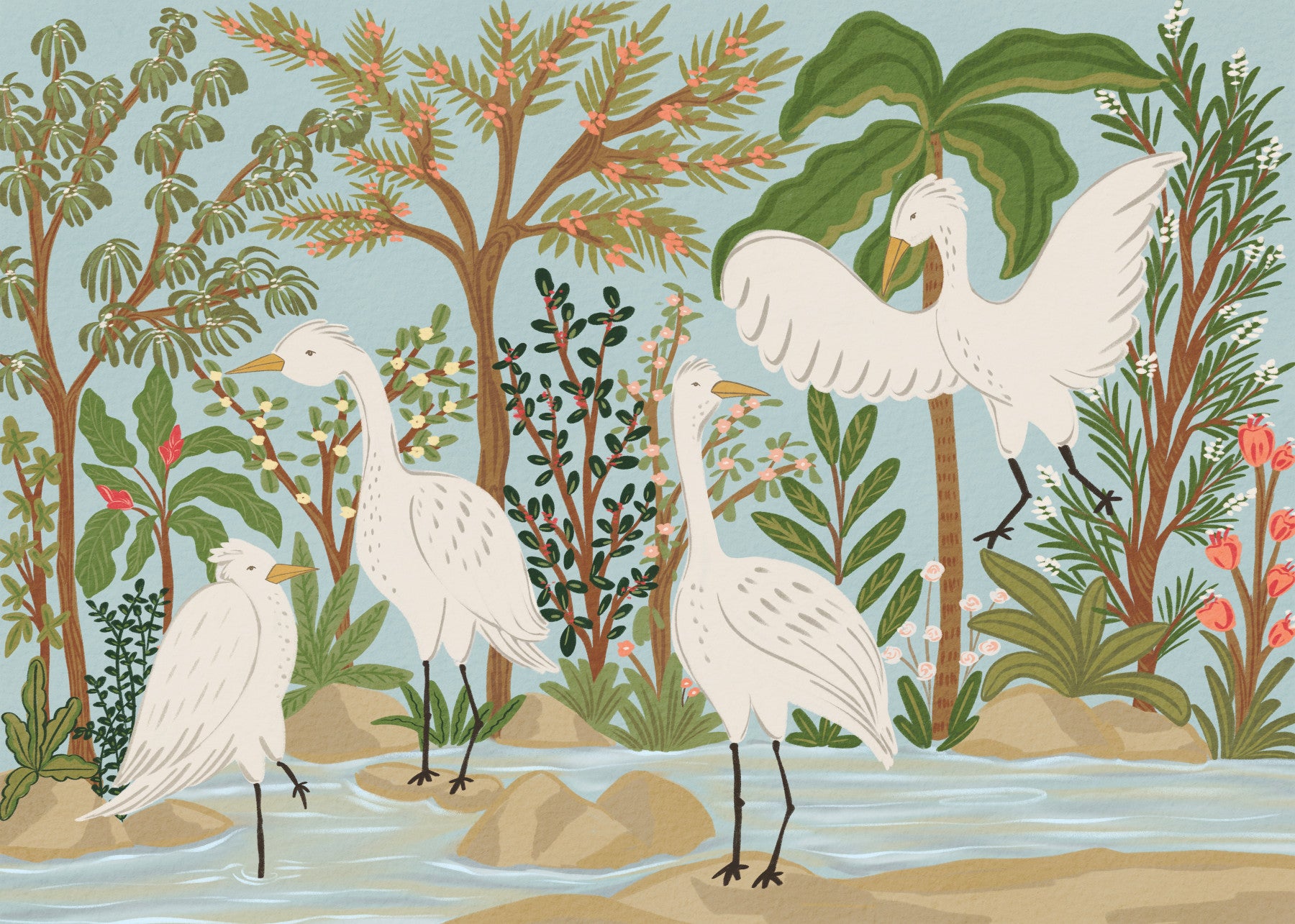 River Egrets: Serene Jungle Dance Wall Mural