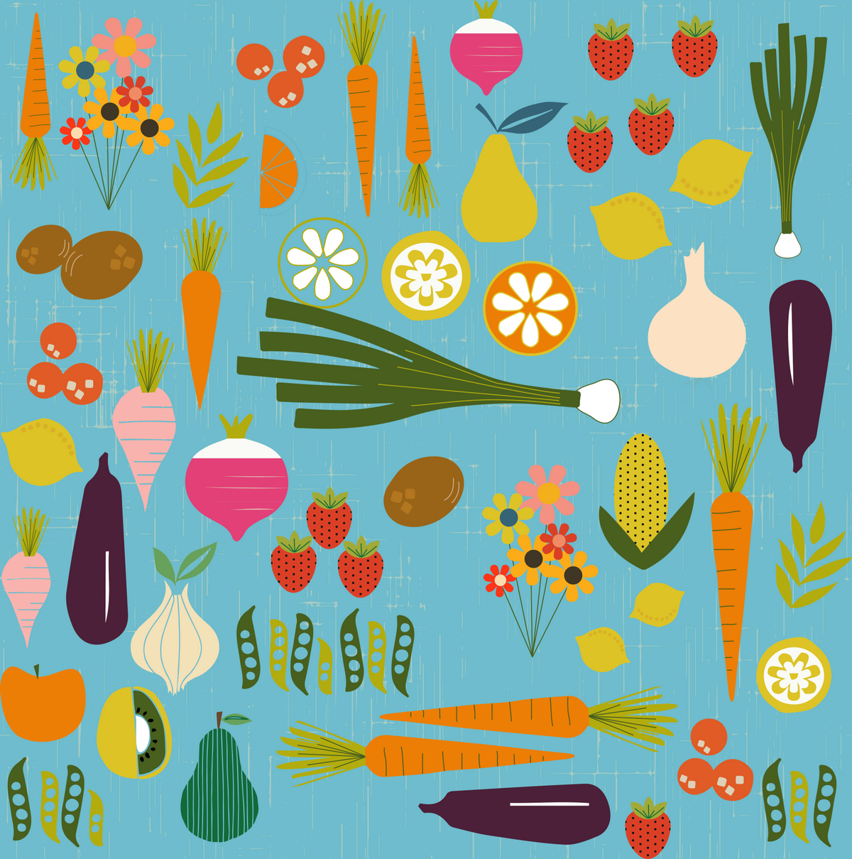 Blue Veggie Wallpaper Mid Century Modern Kitchen Wallpaper⁠ in your room — zoomed