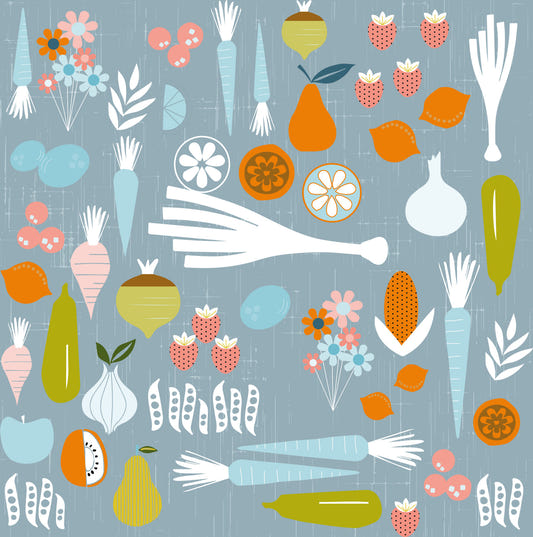 Dusty Blue Veggie Wallpaper Mid Century Modern Kitchen Wallpaper⁠