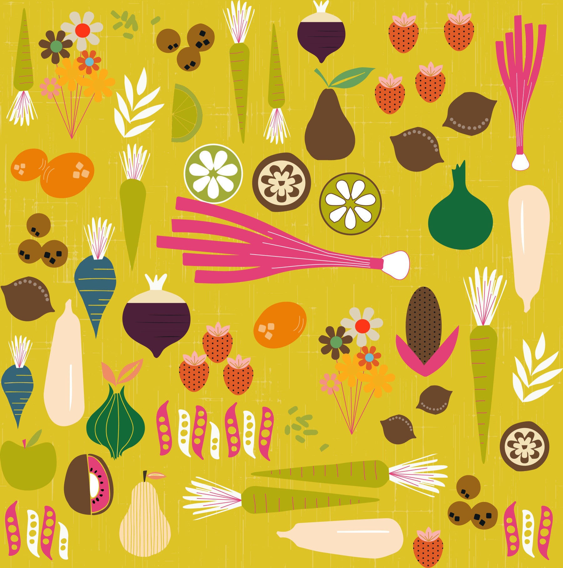 Mustard Vegetable Wallpaper Retro Kitchen Wallpaper⁠