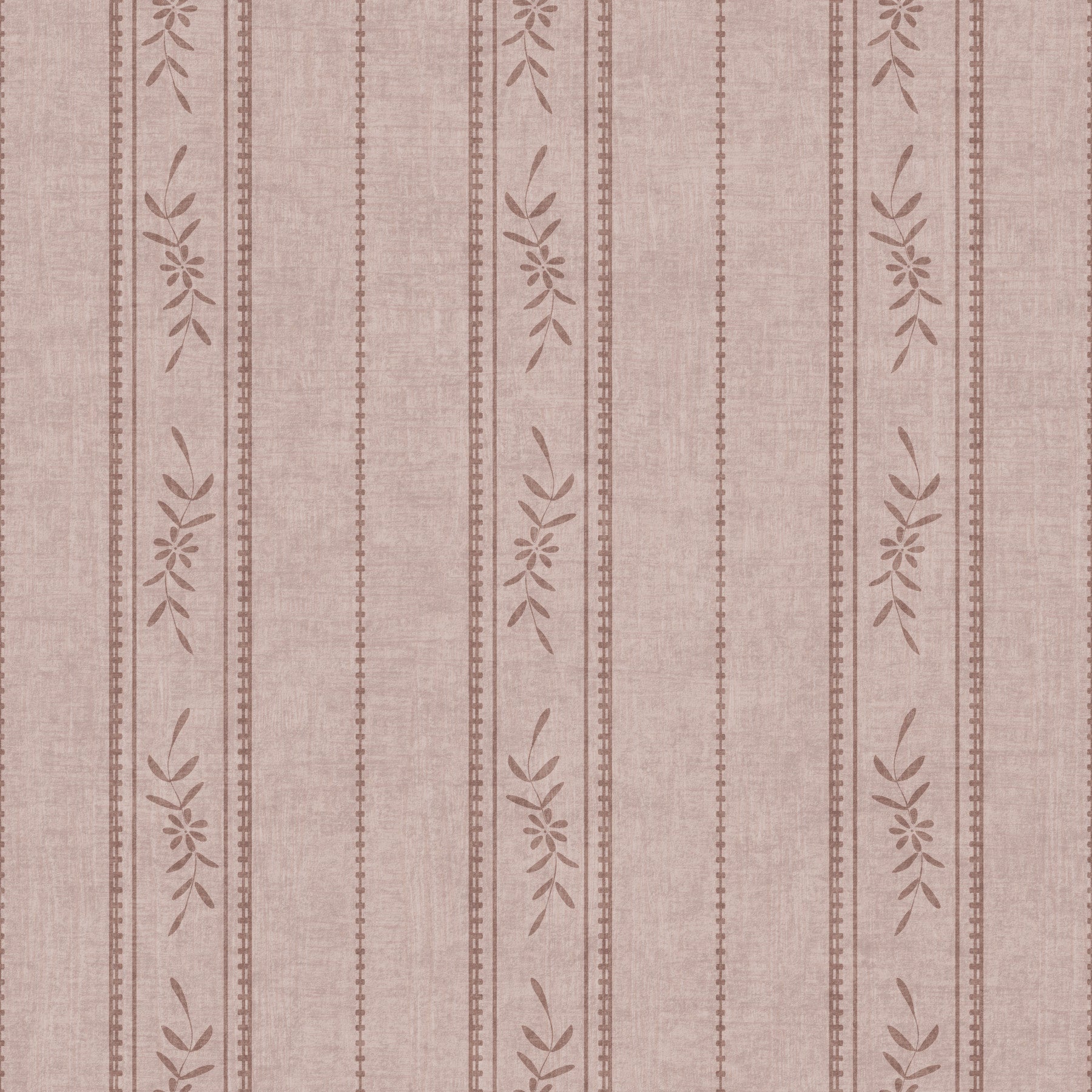 Vintage Ticking Stripe Vertical Linen With Floral Decor Dusty Rose Wallpaper⁠