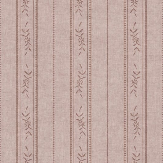 Vintage Ticking Stripe Vertical Linen With Floral Decor Dusty Rose Wallpaper⁠