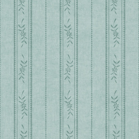 Vintage Ticking Stripe Vertical Linen With Floral Decor Muted Blue Wallpaper⁠