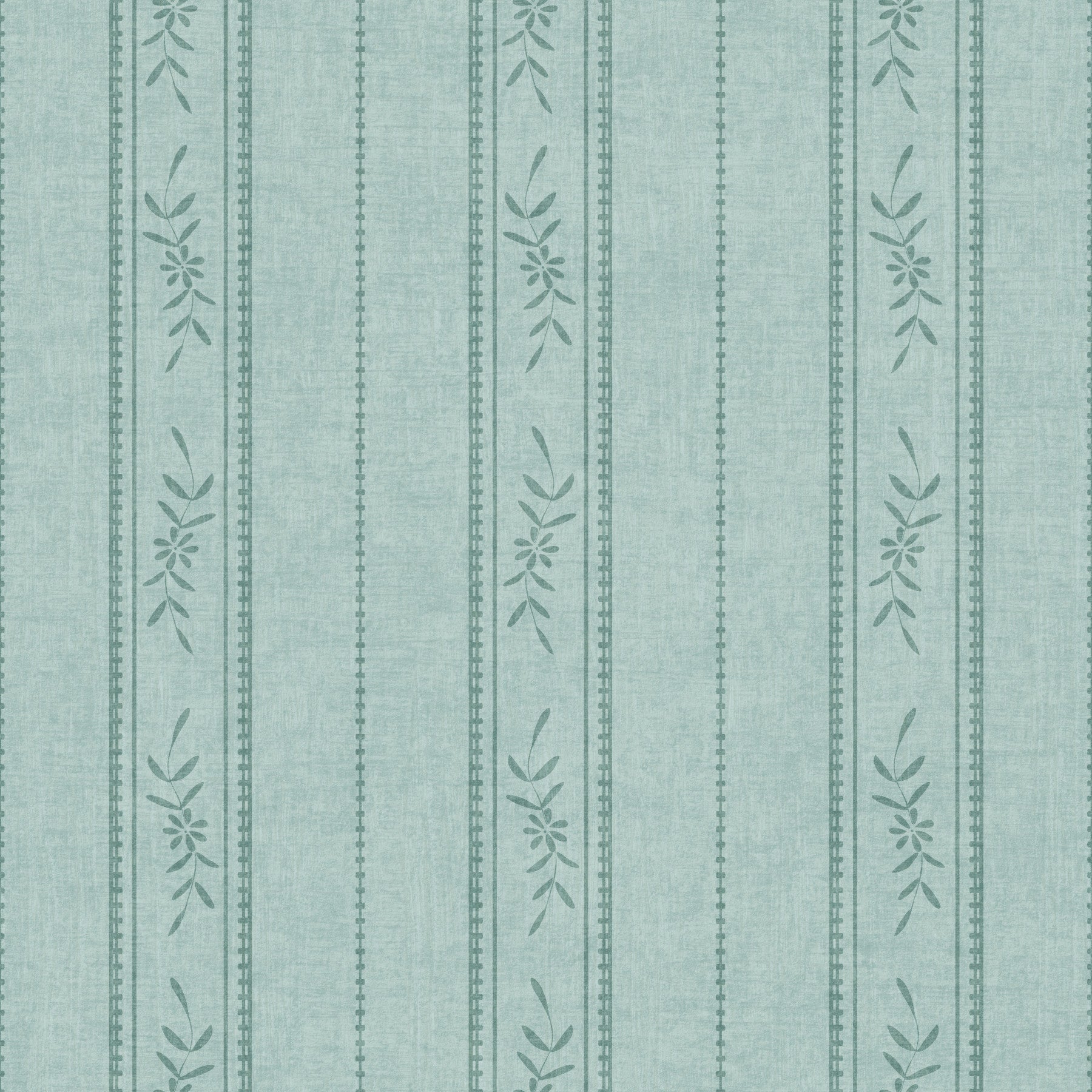 Vintage Ticking Stripe Vertical Linen With Floral Decor Muted Blue Wallpaper⁠