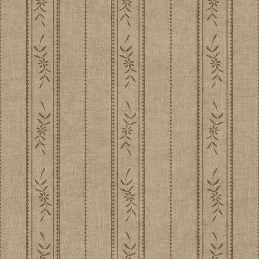 Vintage Ticking Stripe Vertical Linen With Floral Decor Umber Brown Wallpaper⁠