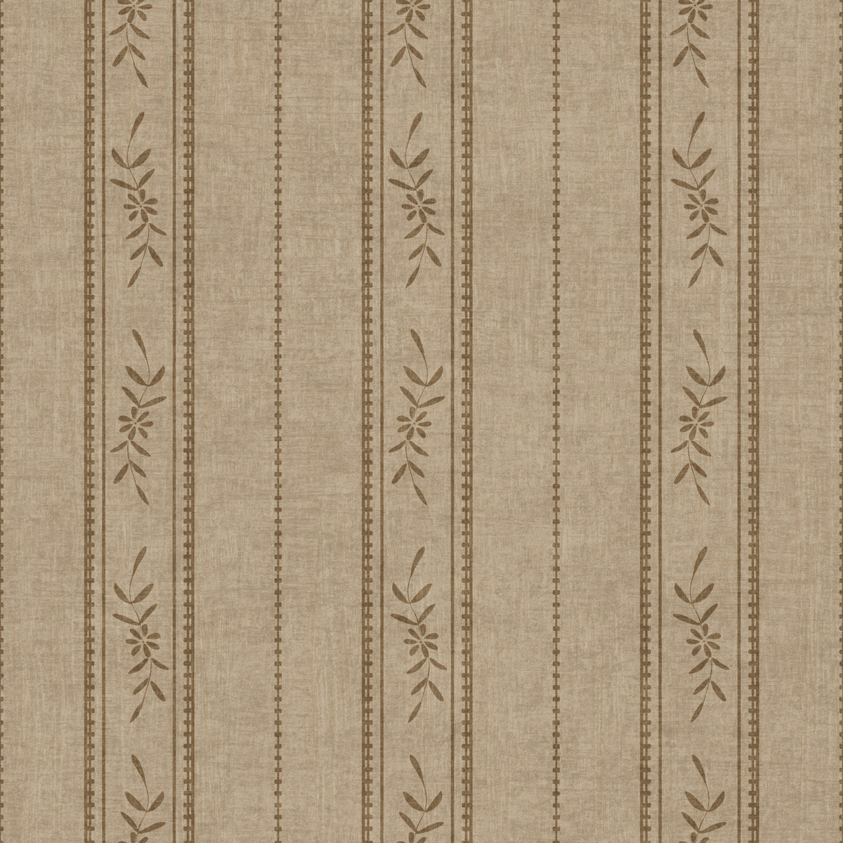 Vintage Ticking Stripe Vertical Linen With Floral Decor Umber Brown Wallpaper⁠