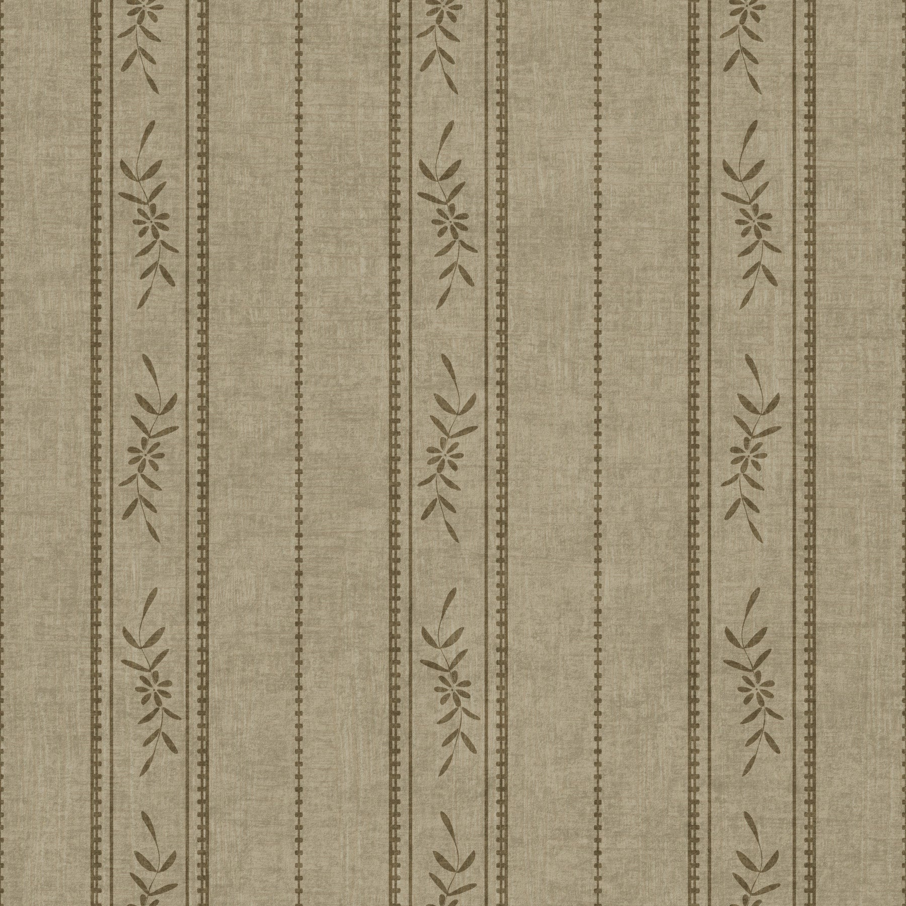Vintage Ticking Stripe Vertical Linen with Floral Decor Taupe Grey Wallpaper⁠