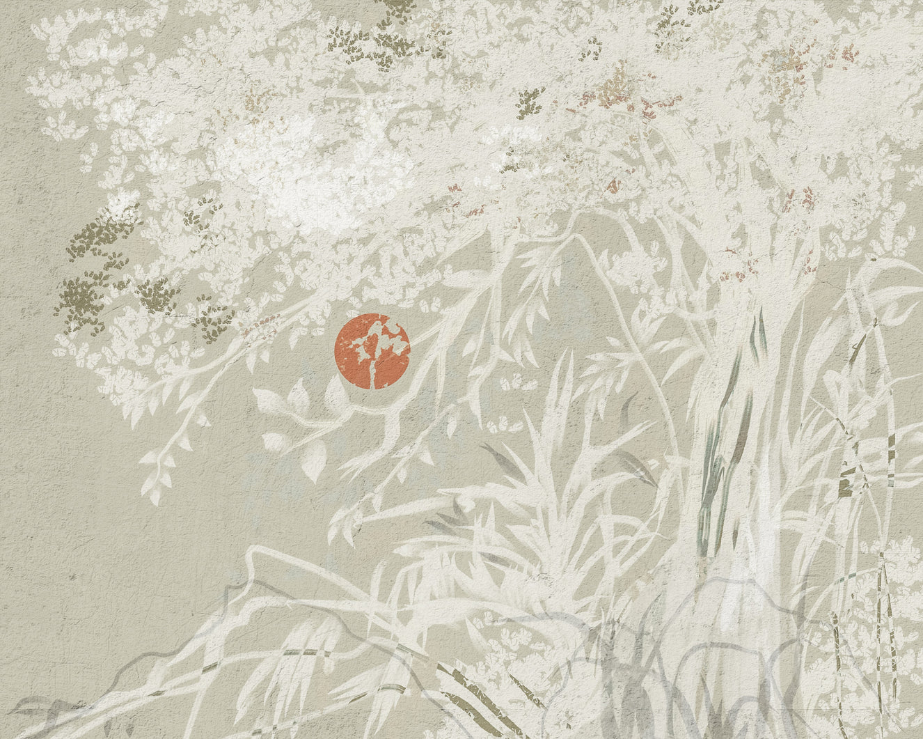 Serene Japanese Oriental Botanical Landscape With Red Moon  Wall Mural
