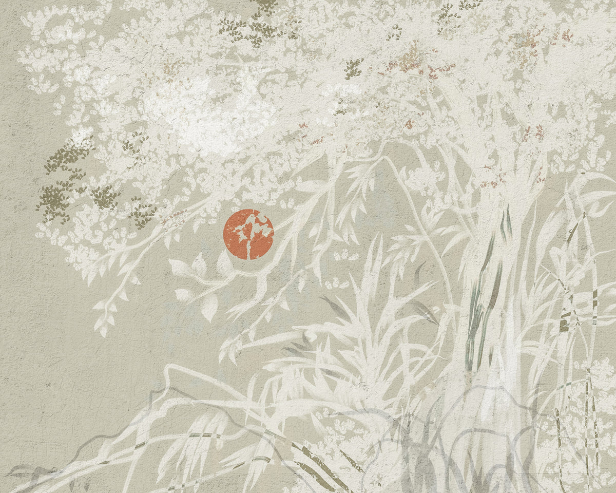 Serene Japanese Oriental Botanical Landscape With Red Moon  Wall Mural