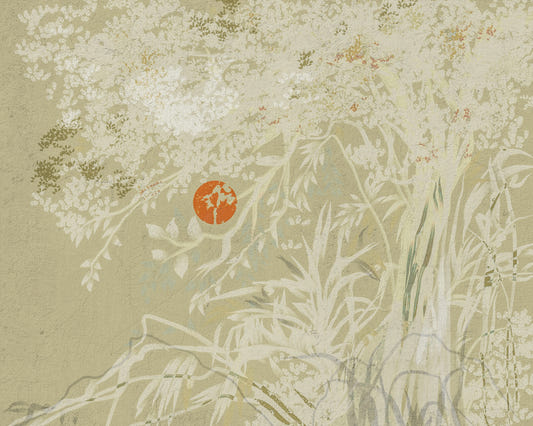 Zen Japanese Botanical Sunrise Japandi style Landscape with weathered White  Wall Mural