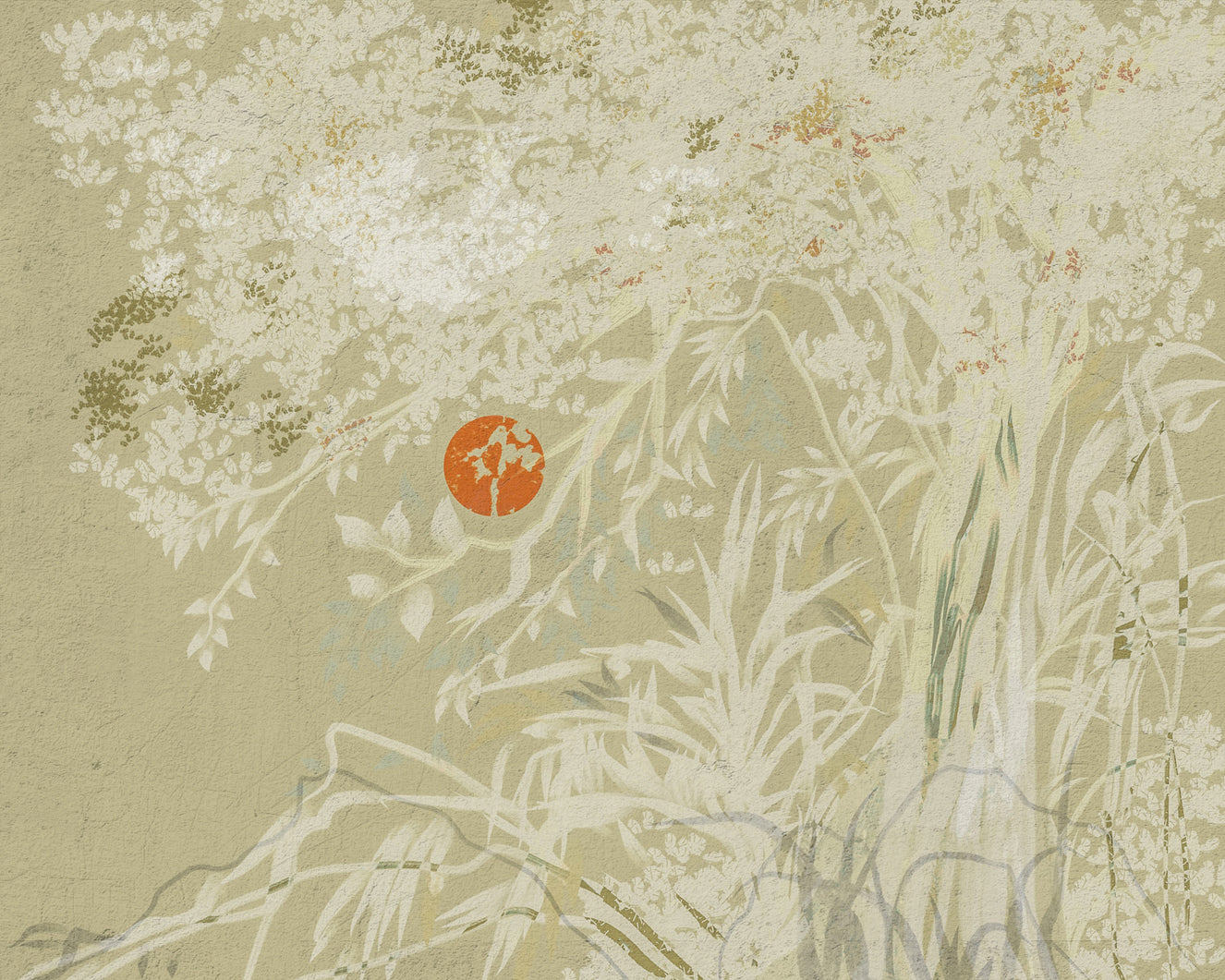 Zen Japanese Botanical Sunrise Japandi style Landscape with weathered White  Wall Mural