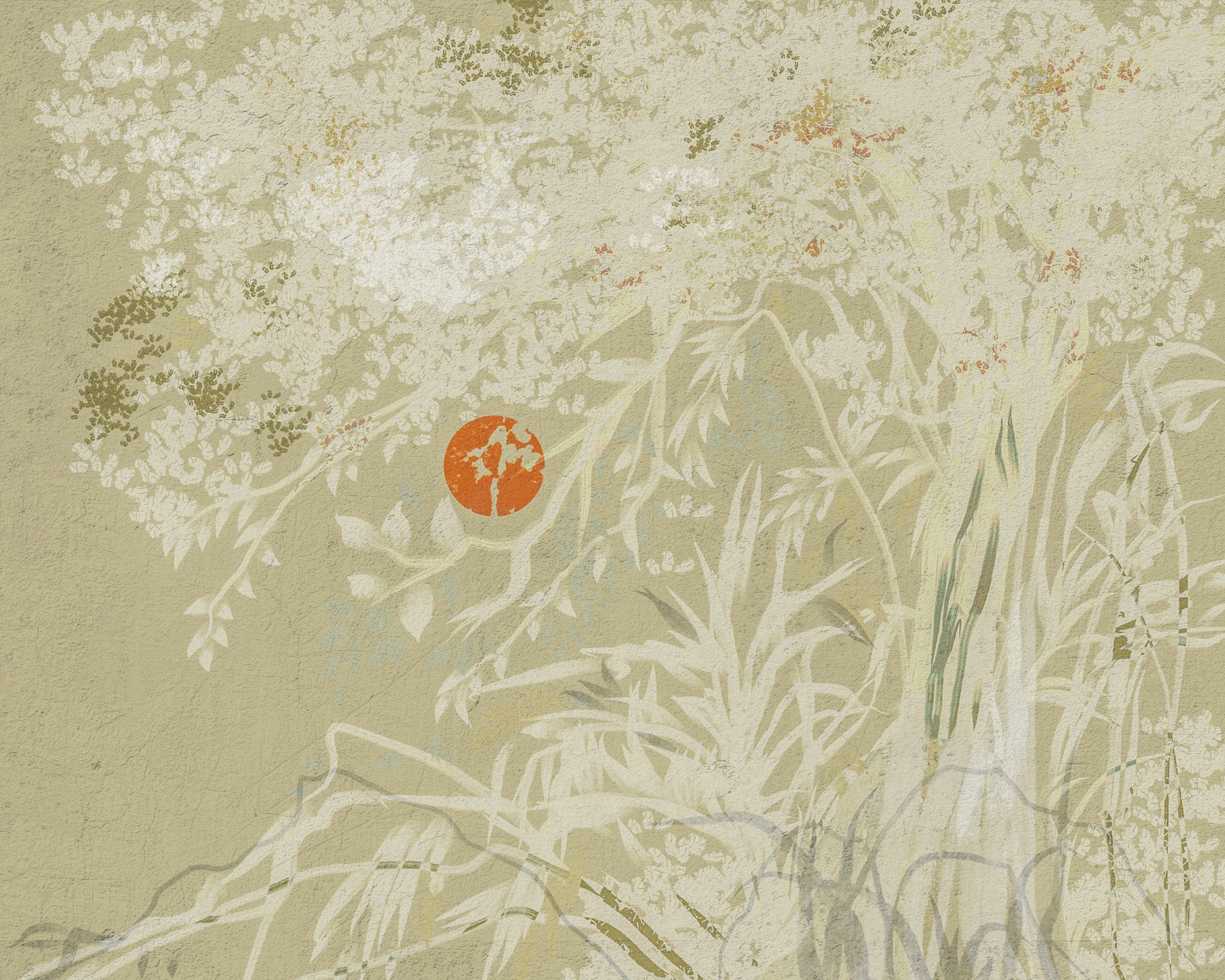 Zen Japanese Botanical Sunrise Japandi style Landscape with weathered White  Wall Mural