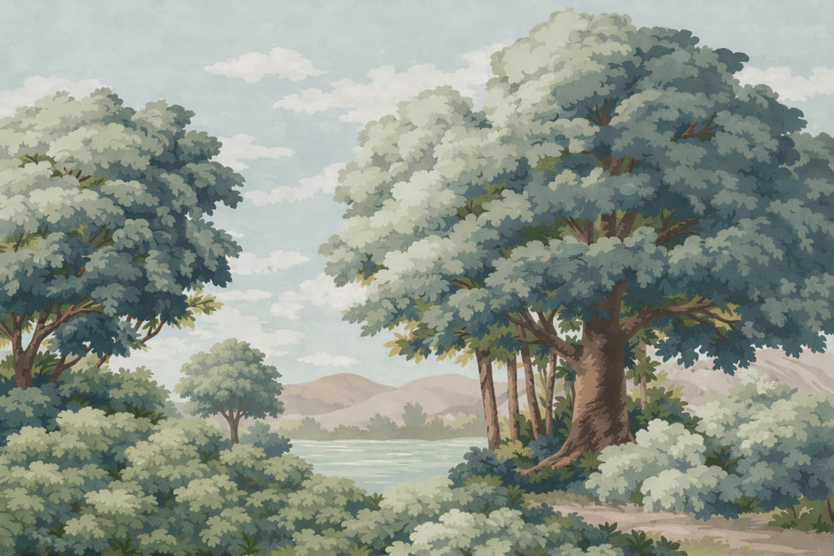 Verdant Horizon Lake Wall Mural in your room — zoomed