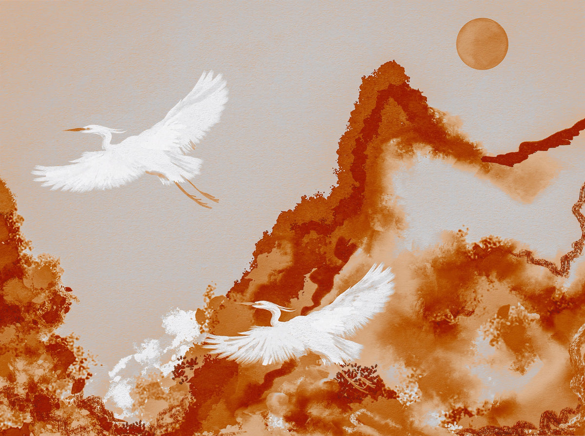 Ochre Horizon Cranes Flying Joseon Era Inspired Watercolor Landscape Wall Mural