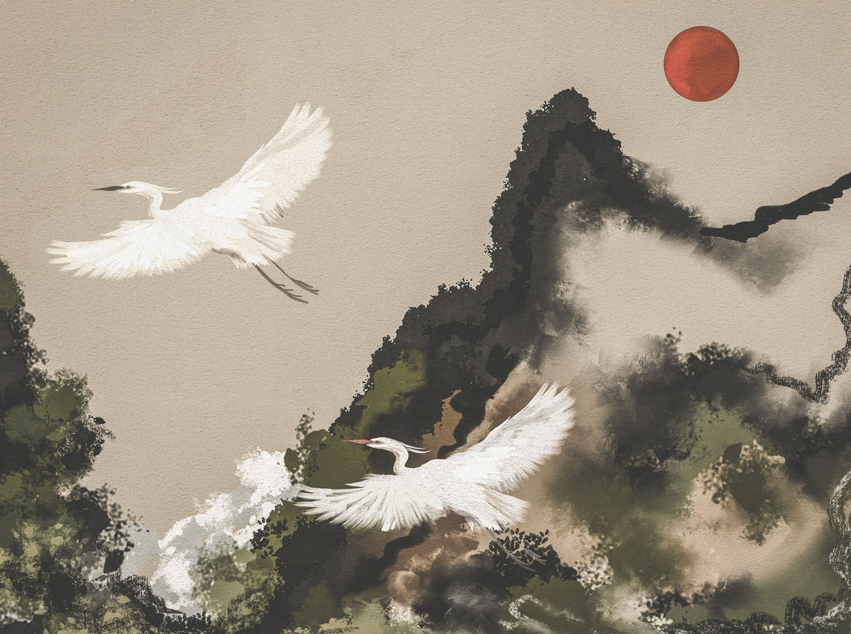 Ink Wash Sumi Japanese Watercolor Landscape Cranes and Sun Wall Mural