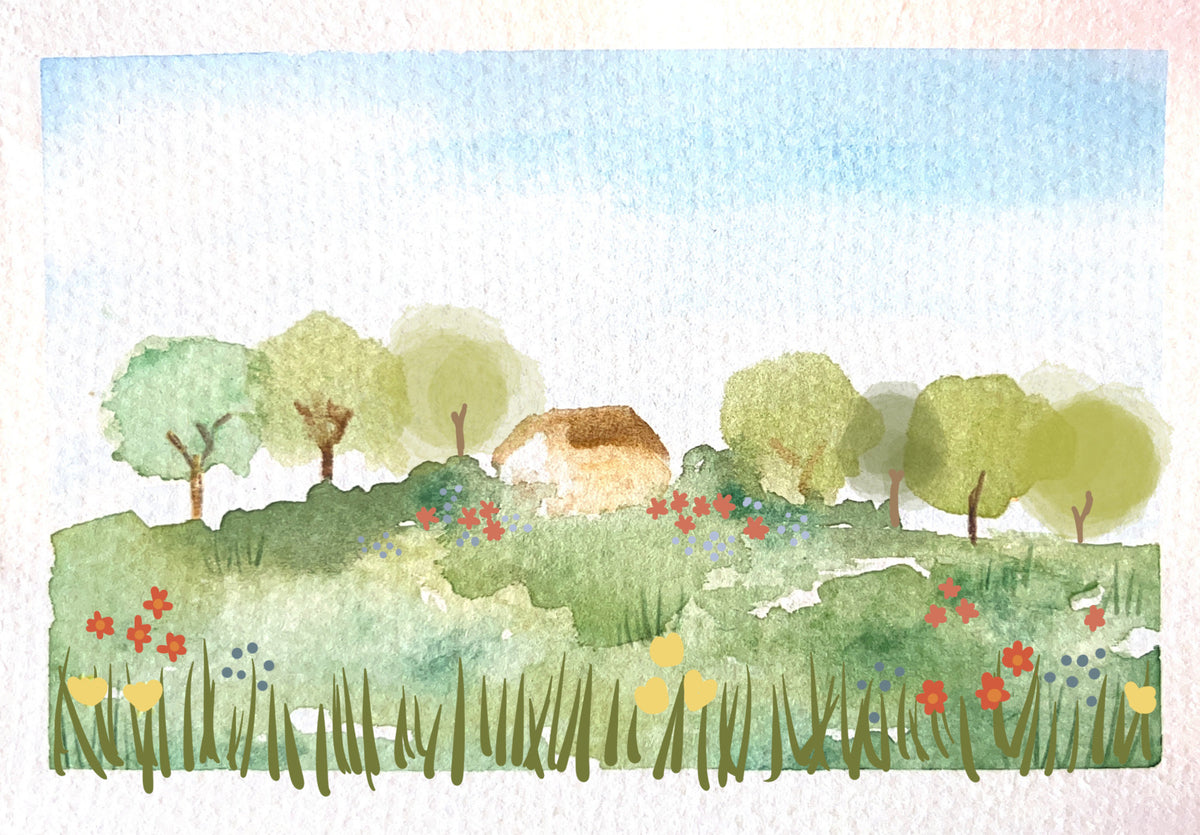 Watercolor Country Home Wall Mural in your room — zoomed