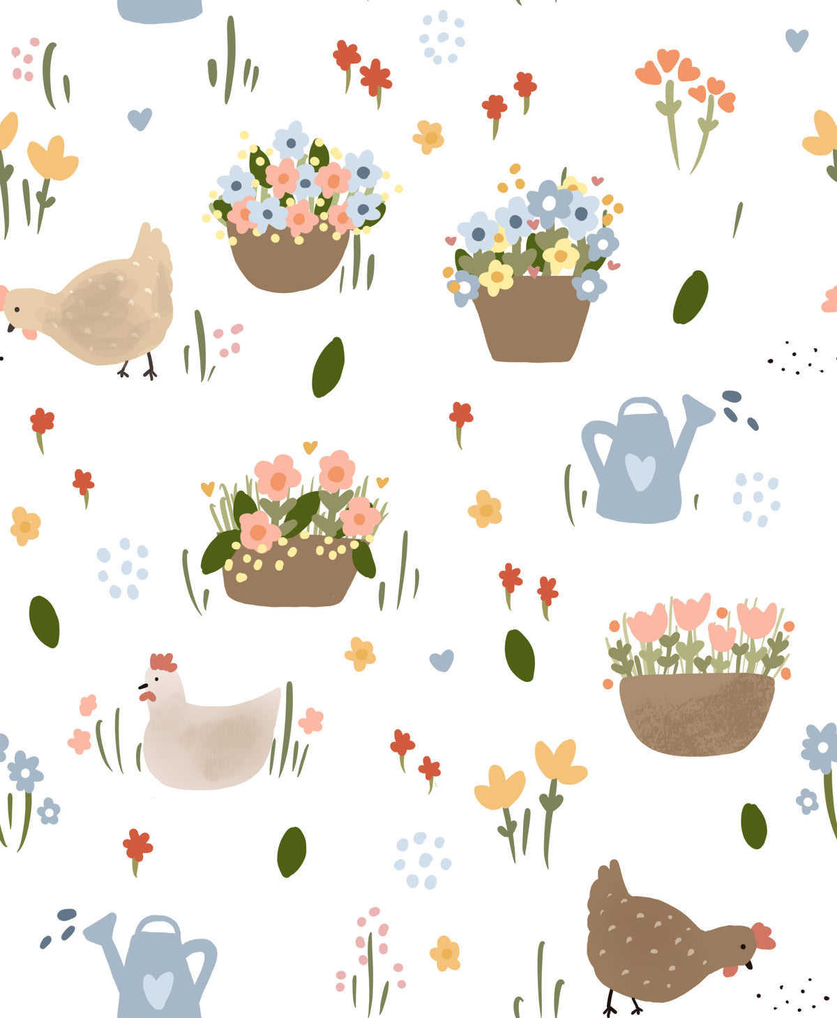 Whimsical Hen & Flower Patch Wallpaper⁠
