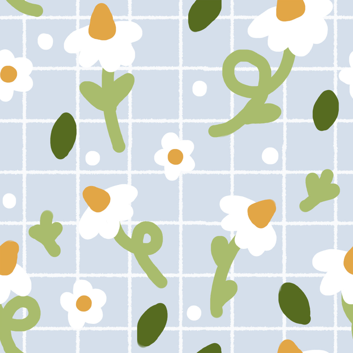Whimsical Daisies on Blue Grid Wallpaper⁠
