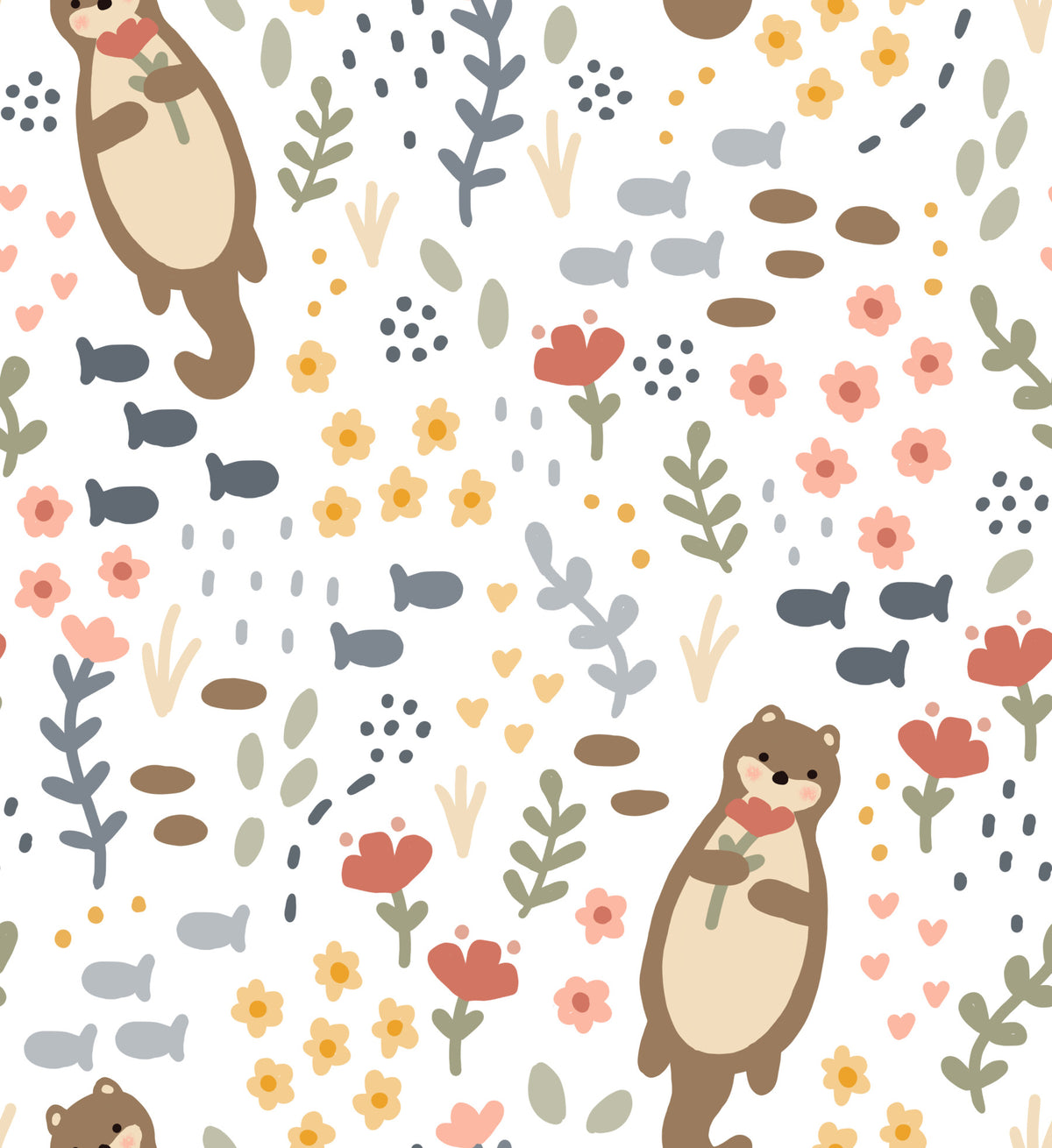 Whimsical Otters & Wildflowers Wallpaper⁠ in your room — zoomed
