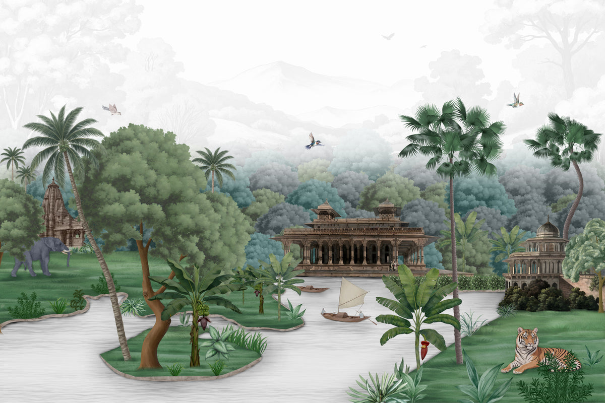 Emerald Jungle Palace Wall Mural in your room — zoomed