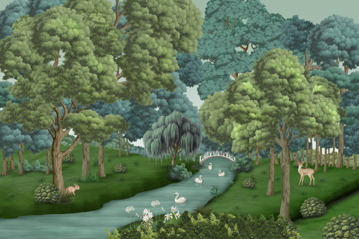 Swan Lake Woodland Wall Mural in your room — zoomed