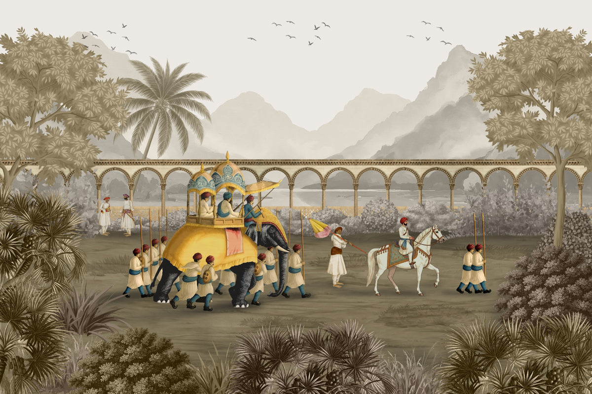 Mughal Grandeur: The Elephant Procession Wall Mural in your room — zoomed