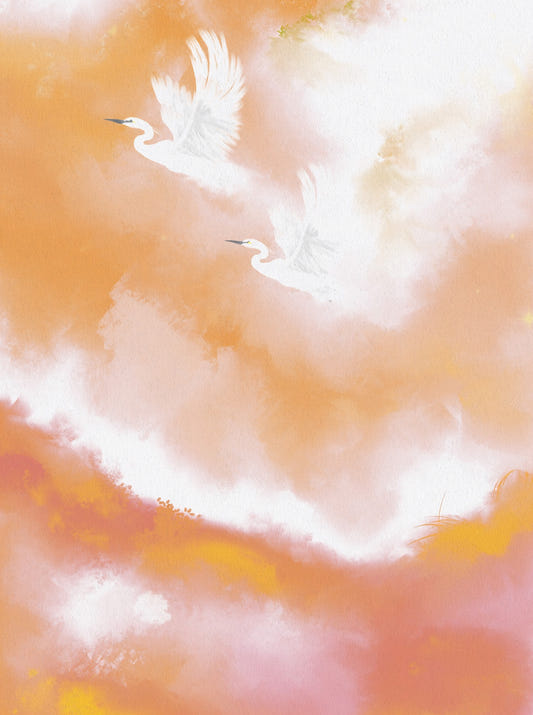 Ethereal Flight at Dawn Birds Peach Watercolor  Wall Mural