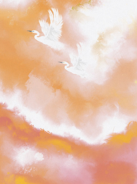 Ethereal Flight at Dawn Birds Peach Watercolor  Wall Mural