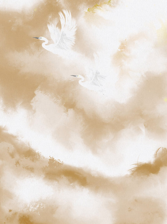 Flight of Serenity Beige Watercolor Birds Wall Mural
