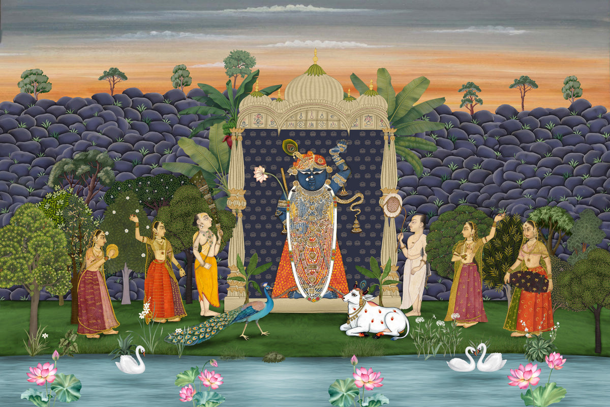 Sacred Garden: Pichwai Serenity Wall Mural in your room — zoomed