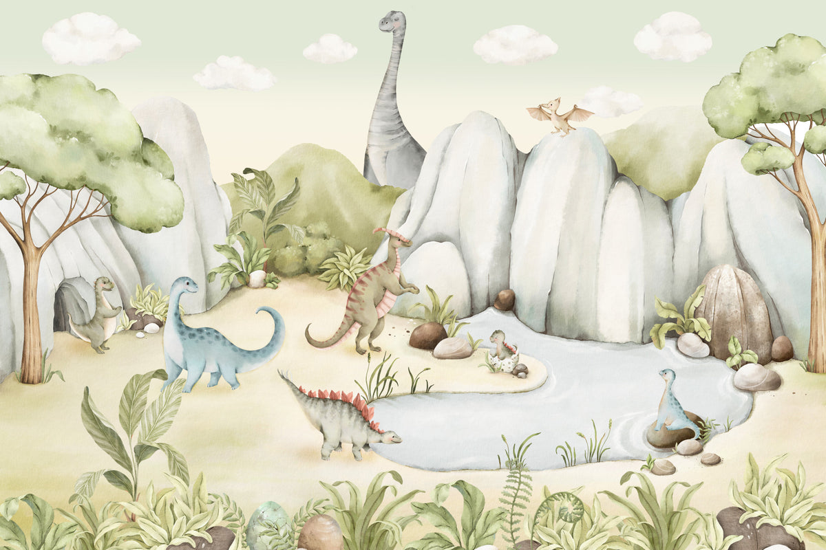Watercolor Dino World Wall Mural