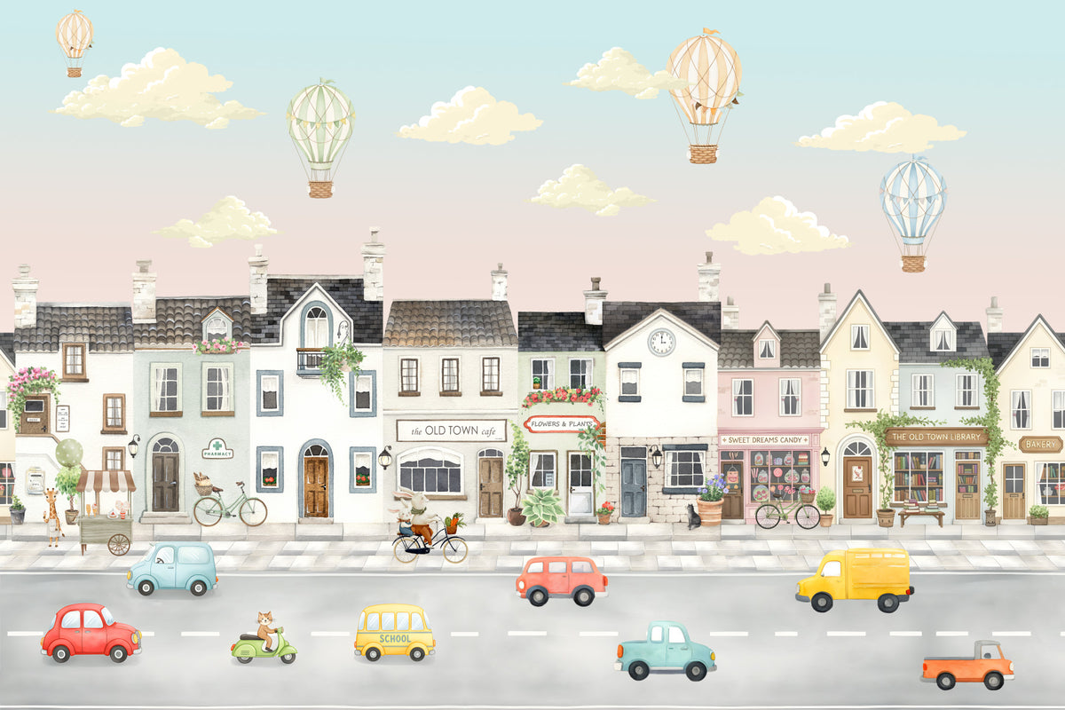 Whimsical Town Adventures Wall Mural in your room — zoomed